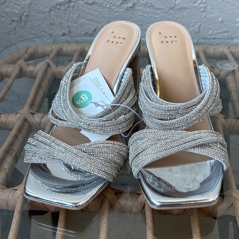 A New Day Silver Rhinestone‎ Square Toe Block Heel Mules Sandals Size 8.5